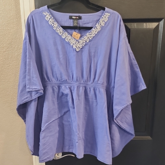 Style & Co. Tops - 🩶Style & Co. Blue Boxy Blouse with Embellished Neckline